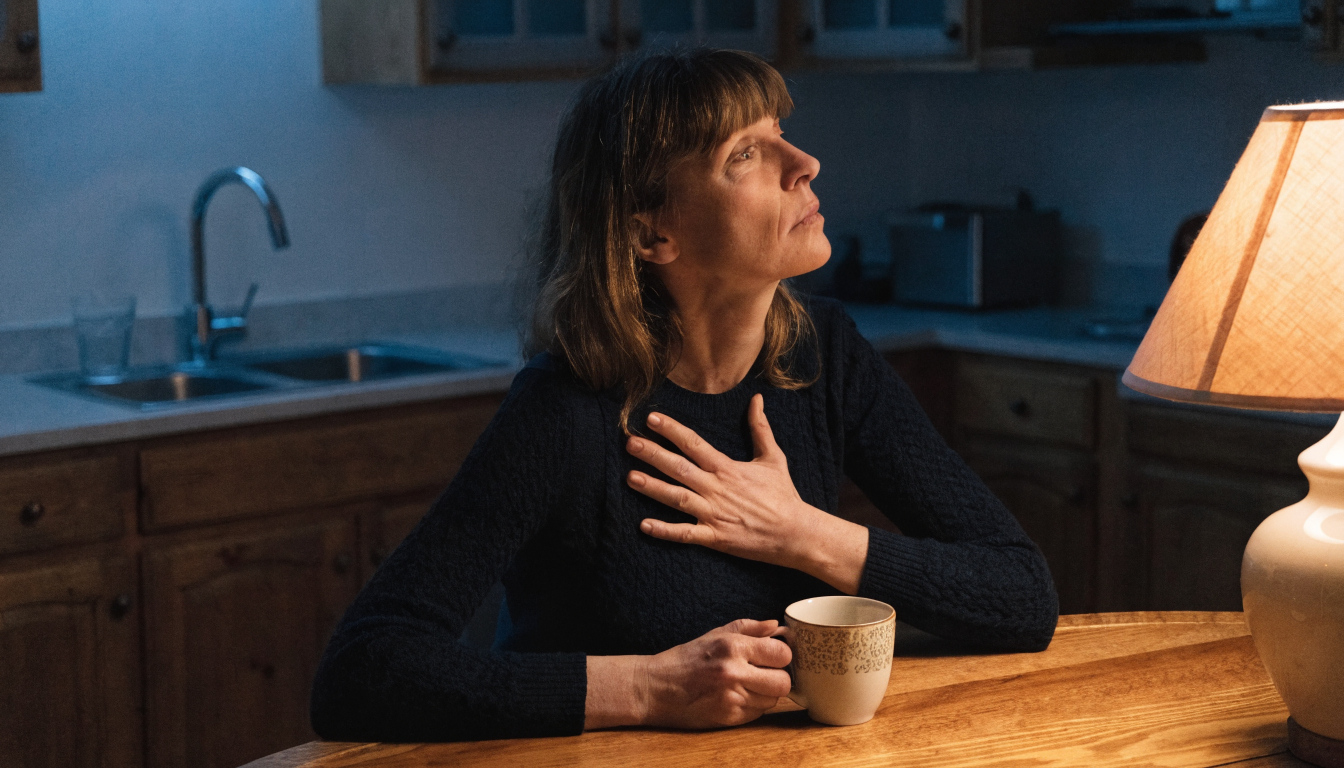 A woman at her kitchen table at night, warm lamp light, hand on chest